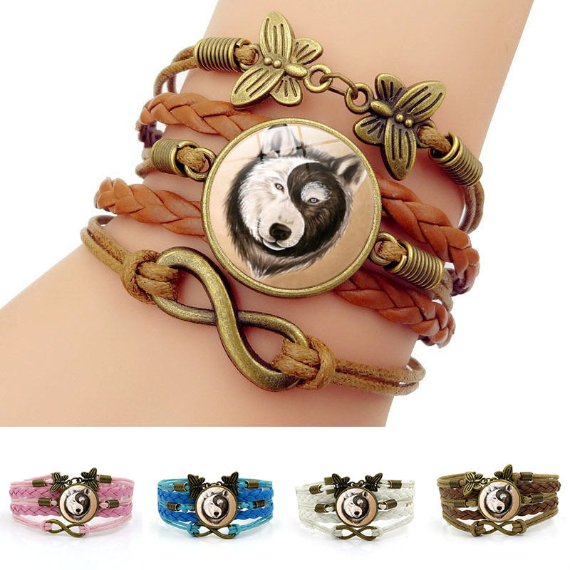 Yin Yang Wolf Time Gem Bracelet Vintage Butterfly Hand-woven Leather Bracelet Bracelet