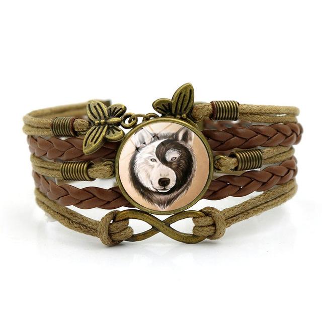 Yin Yang Wolf Time Gem Bracelet Vintage Butterfly Hand-woven Leather Bracelet Bracelet