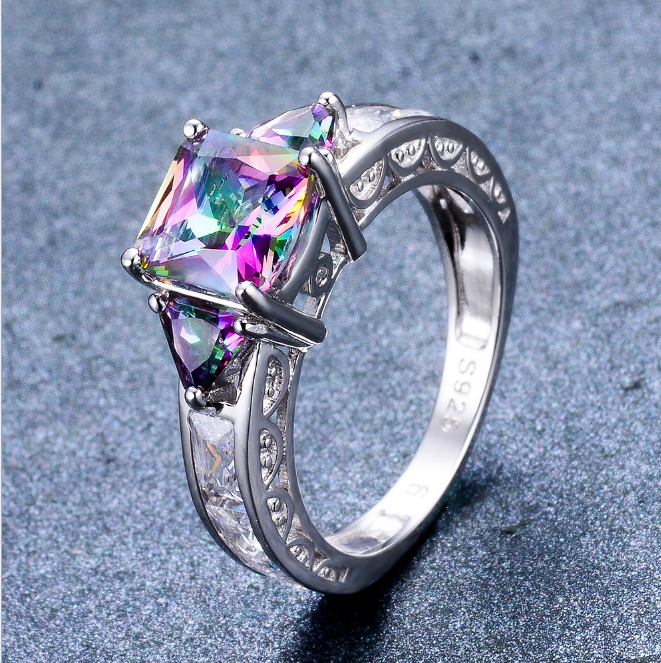 Colorful Opal  Sterling Silver Diamond Ring